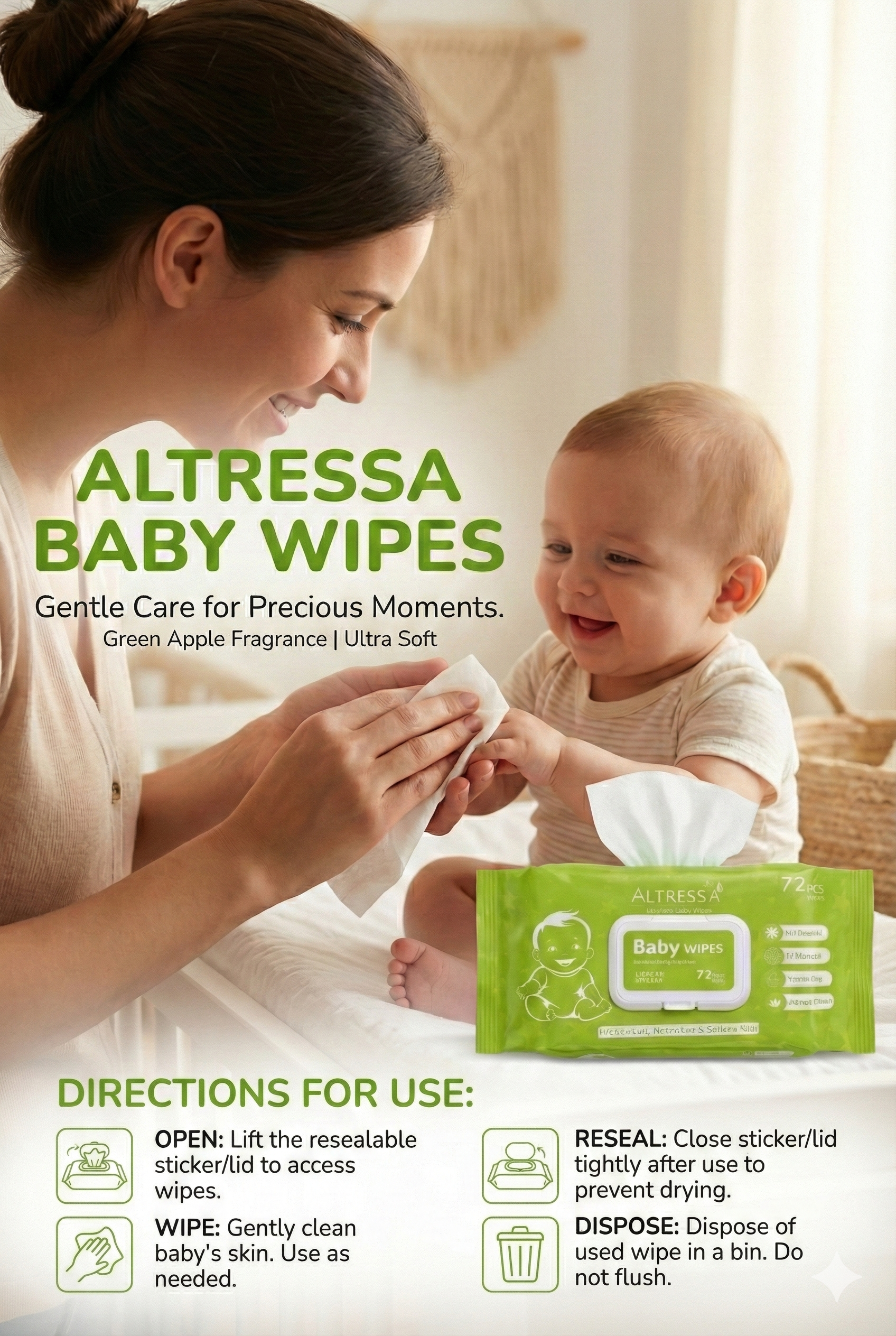 ALTRESSA BABY WIPES 72 PULLS (GREEN APPLE FRAGRANCE) - Image 4